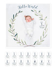 A cotton swaddle blanket 'hello world' with a set of milestone cards to take memorable photographs of milestones in babies development