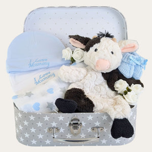 Baby boy hamper with gifts of black and white cow toy and blue baby bits.