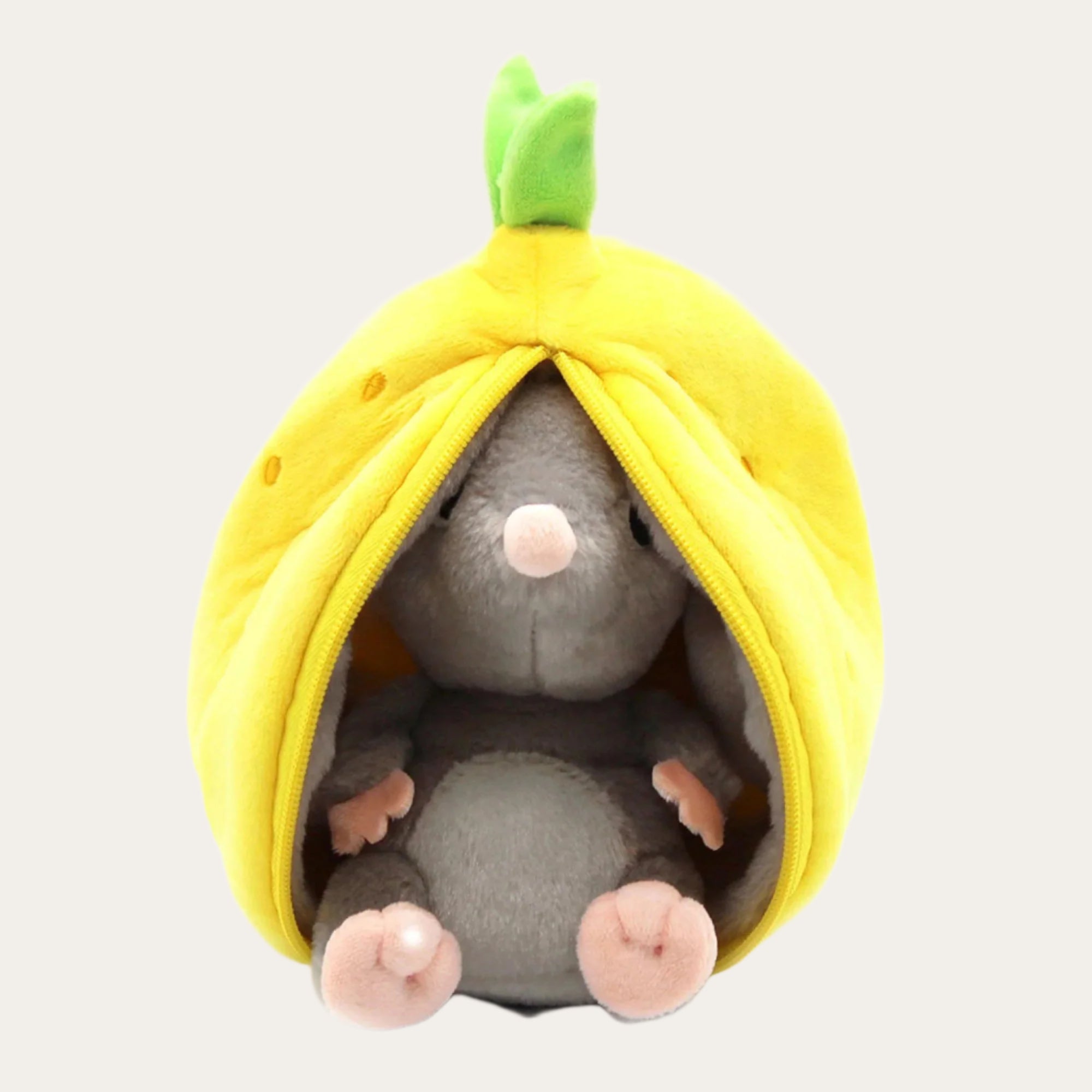 FLIPETZ soft toy transforming from a yellow lemon with green details to a cuddly mouse, made from soft teddy fleece