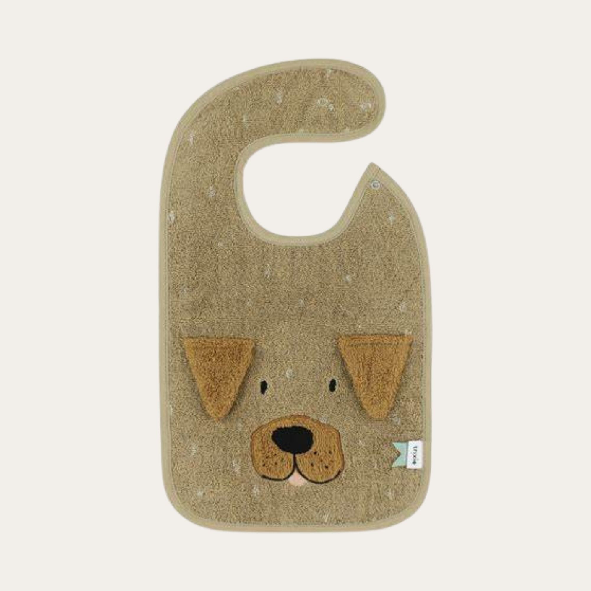 brown puppy dog baby bib with playful flappy ears. Made from 100% organic cotton. Ideal for mealtimes.