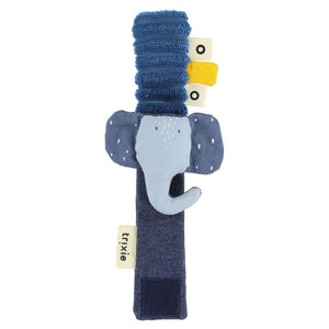 Blue soft wrist rattle with an elephant face