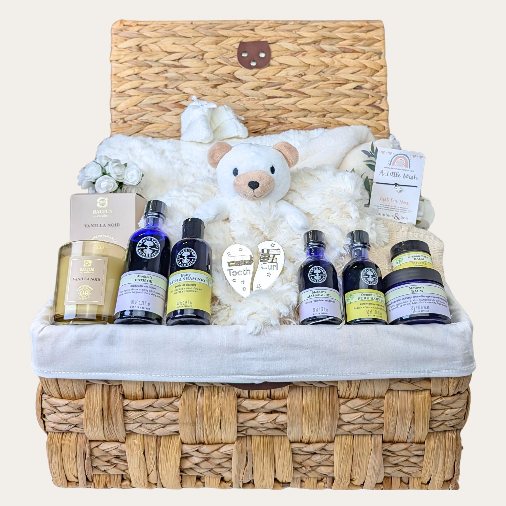 mum to be gift basket with organic neal's yard remedies, blanket, teddy comforter and candle. Bumbles and Boo.