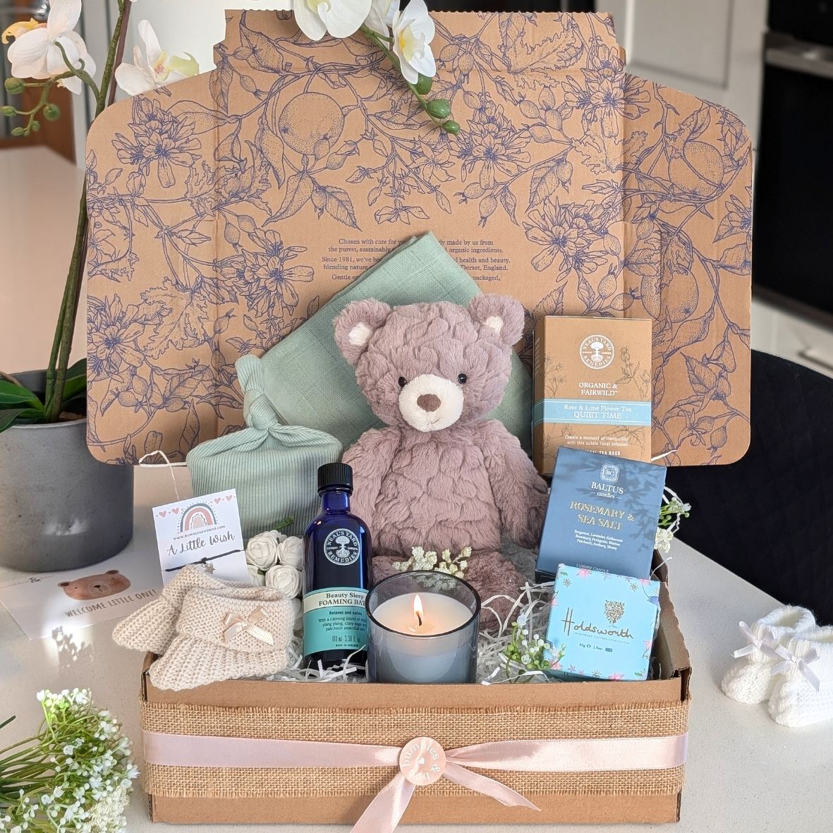 pregnancy gift box with bubbles bath, chocolates, tea bags, wish string bracelet and teddy bear. bumbles and boo.