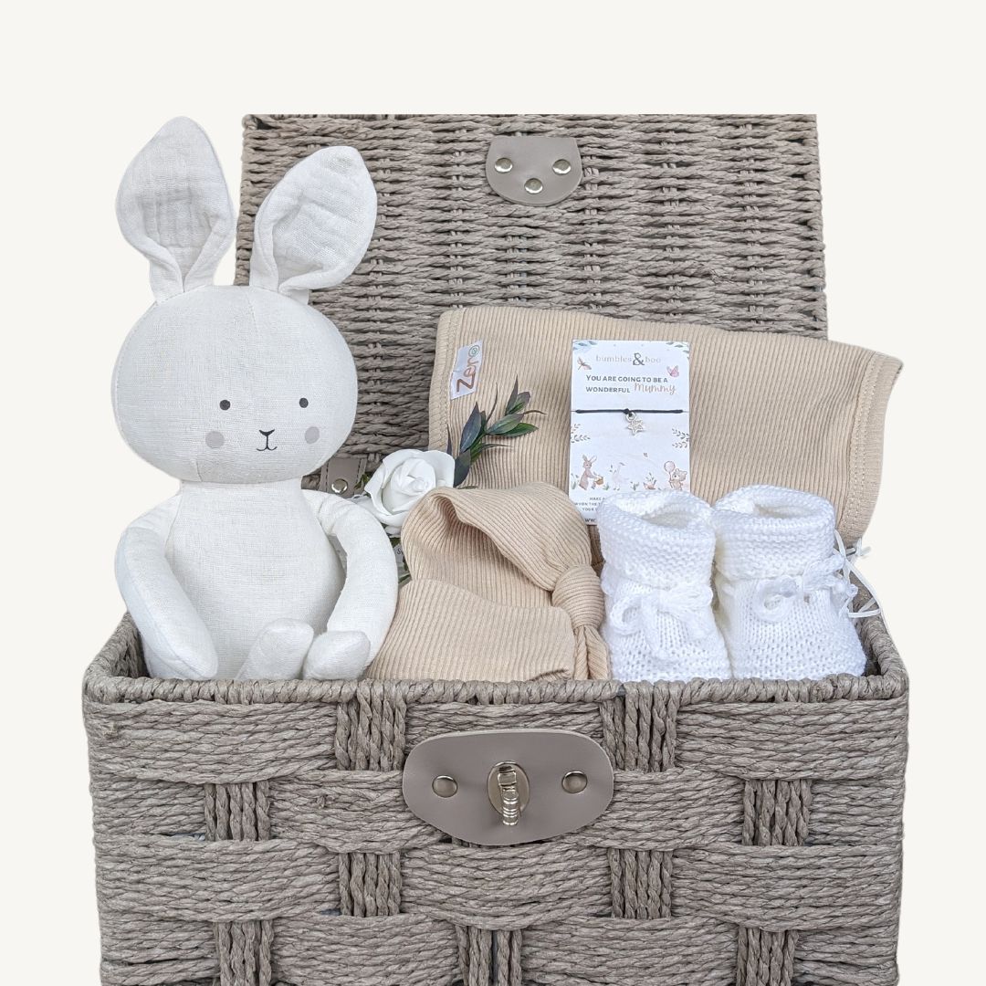 mum to be hamper basket bunny beige. Includes bunny, hat, bib, booties and bracelet.