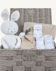 mum to be hamper basket bunny beige. Includes bunny, hat, bib, booties and bracelet.