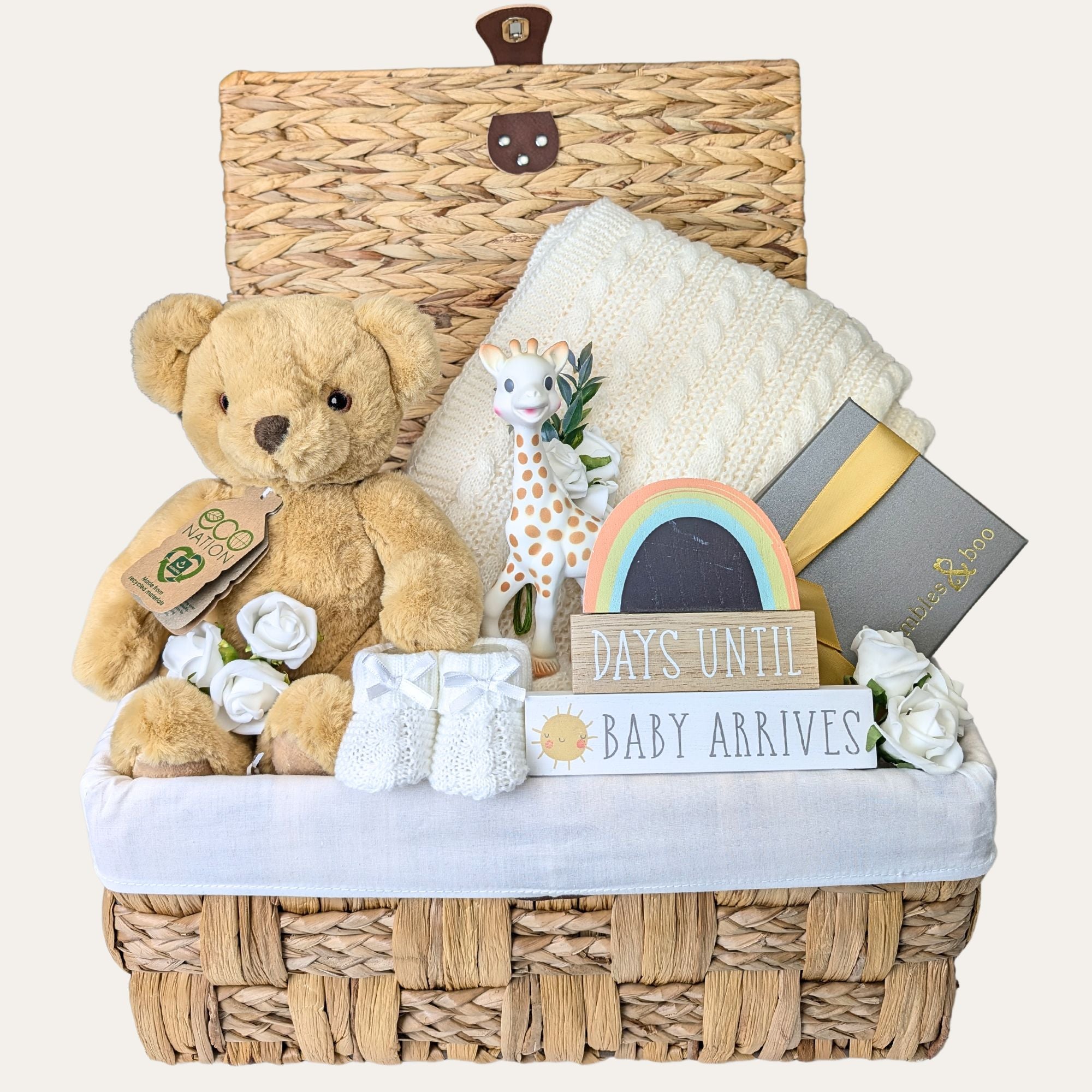 mum to be gift hamper which includes a teddy bear, knit baby blanket, teething toy and chocolates and baby countdown plaque for the mum to be