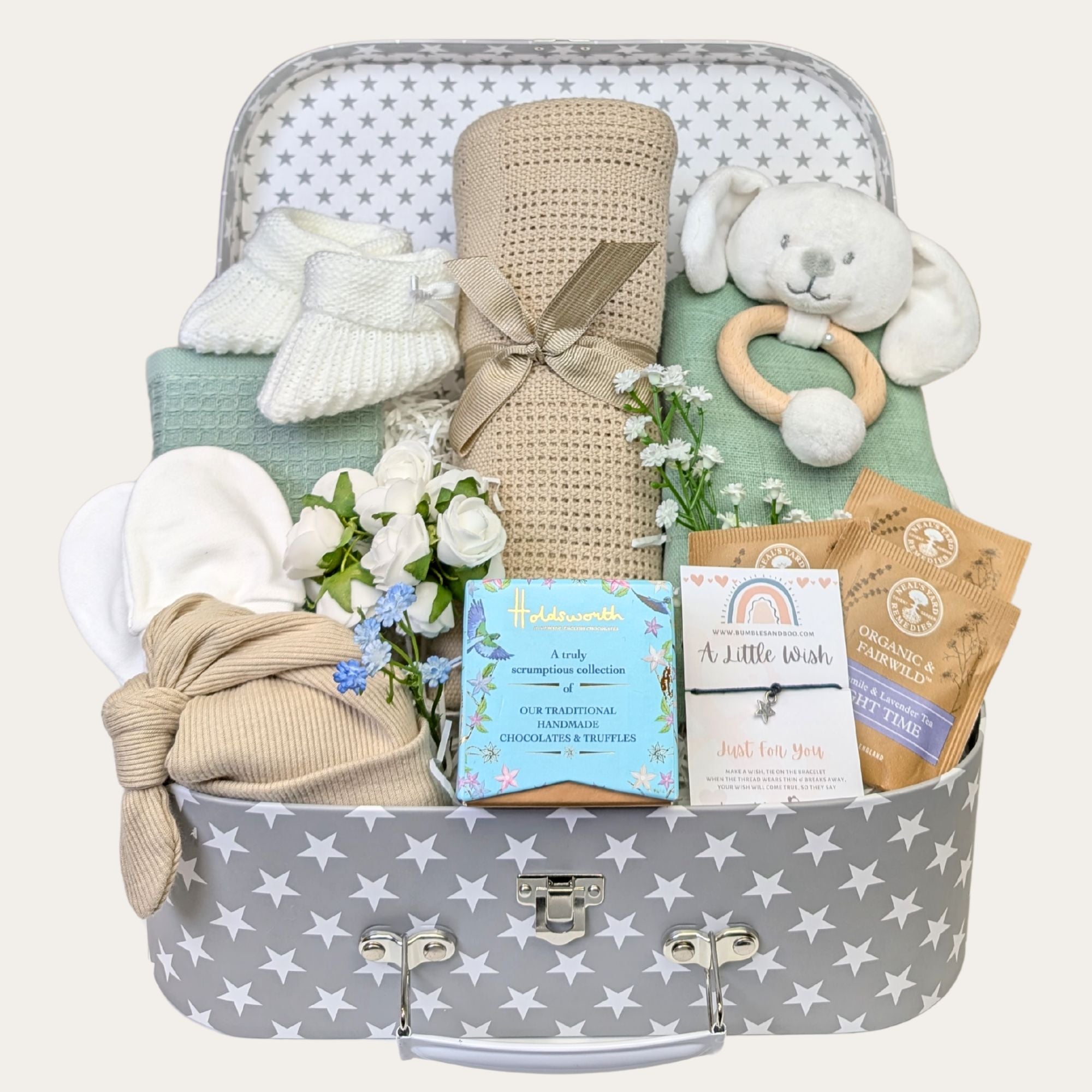 mum to be keepsake hamper with blanket, clothing soft toy, chocolates and relaxation tea. bumbles and boo.