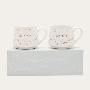 set of two mugs with mummy and daddy written on them in a box