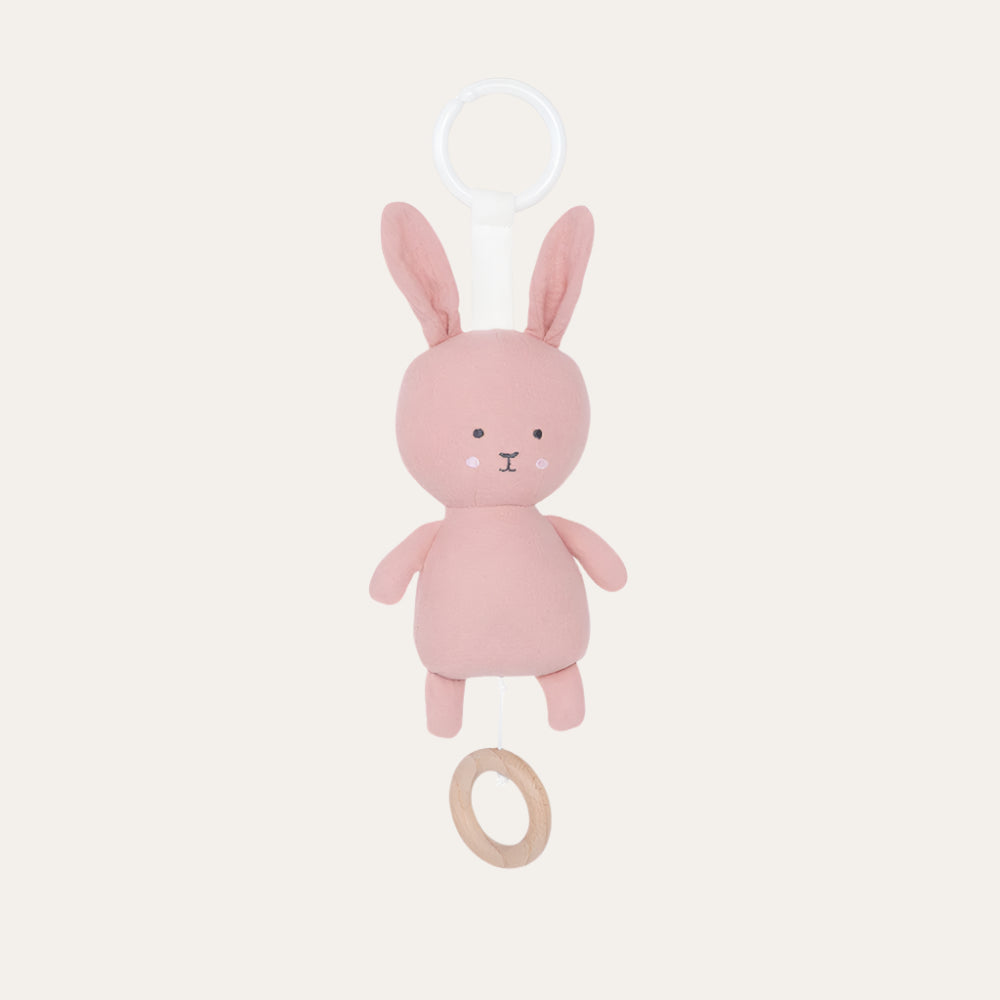 musical pull down pink bunny to play a lullaby
