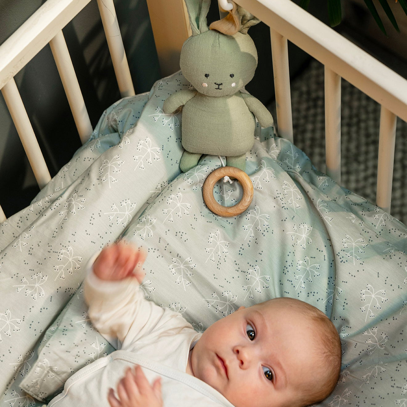 Musical green bunny in a cot with a baby
