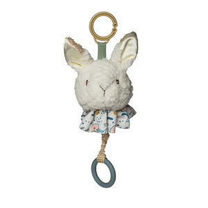 Adorable 6-inch Oatmeal Bunny plush toy with satin-trimmed ears, low-pile plush, and embroidered facial details, perfect for babies.  When pulled down it plays London Bridge