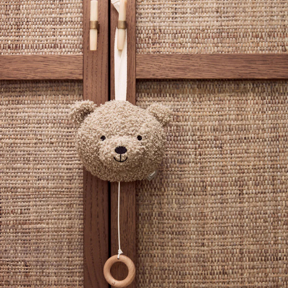 Pull-Down Musical Teddy Bear in Olive Green with string, plays “You Are My Sunshine,” perfect for soothing babies.