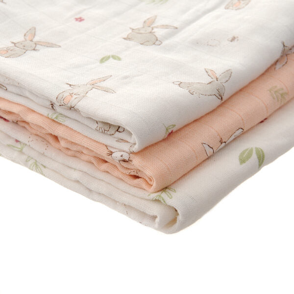 Set of 3 large muslins with a bunny and flower theme.  One is white with bunny pattern