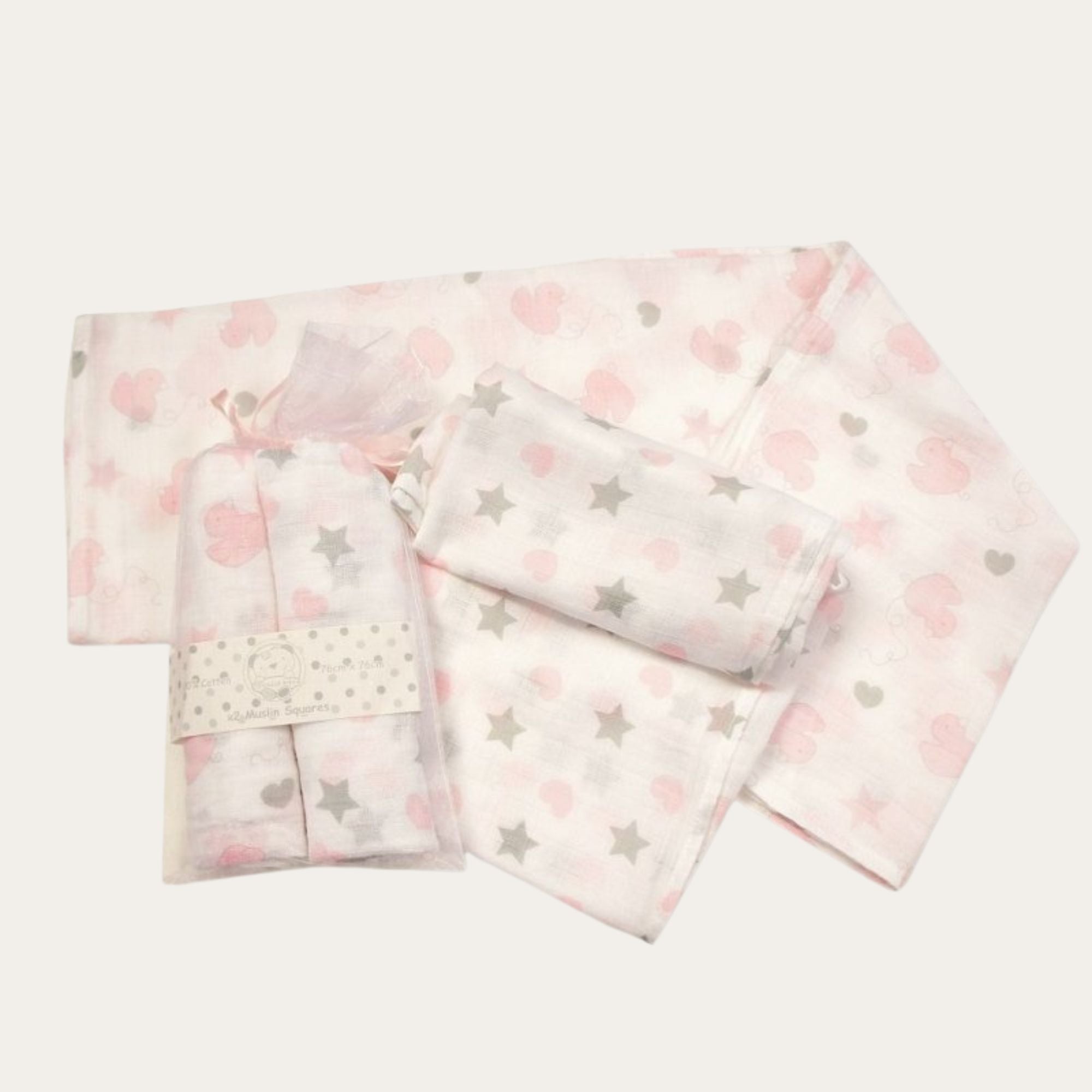 Set of 2 muslins white with pink and grey stars