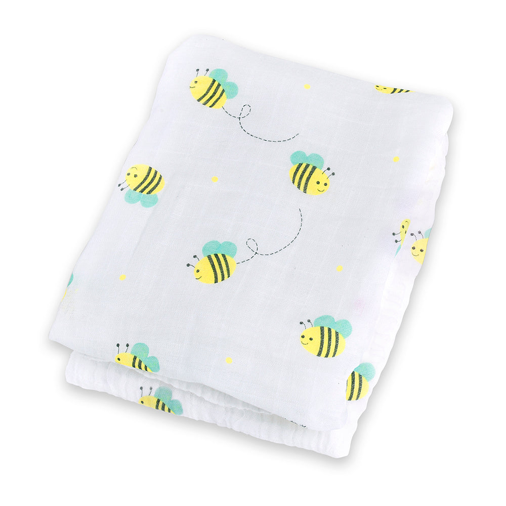 Large cotton muslin swaddle blanket with bumble bee print measuring 100 x 100cm which can be used as a swaddling blanket, nursing cover up, buggie cover or burp cloth