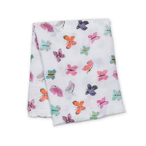 Large cotton muslin swaddle blanket with  butterfly print measuring 100 x 100cm which can be used as a swaddling blanket, nursing cover up, buggie cover or burp cloth