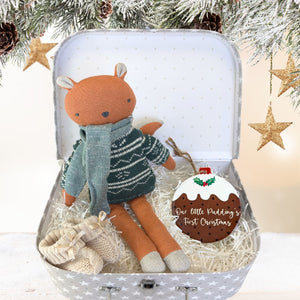 baby's first christmas hamper with squirrel, hanging plaque and baby booties