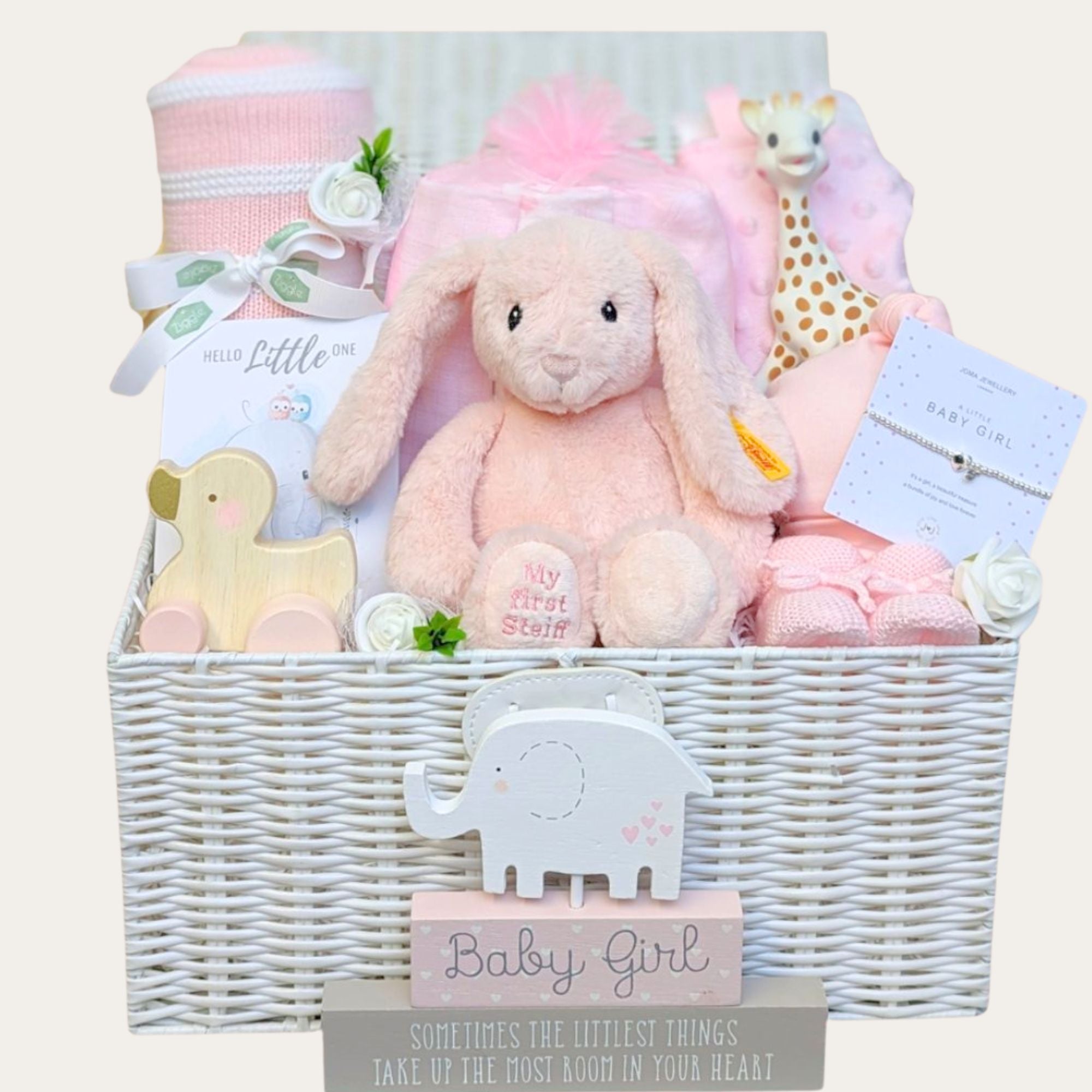 baby girl gift basket with my first steiff bunny, sophie la giraffe, jewellery for mum and baby blanket. Bumbles and Boo.