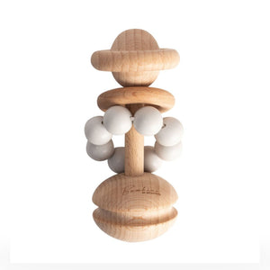 Natural wood baby teething toy with silicone beads.