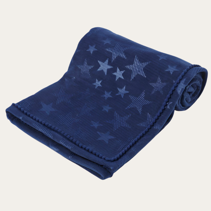 navy star embossed mink wrap with pom pom trim – baby blanket 75 x 90cm