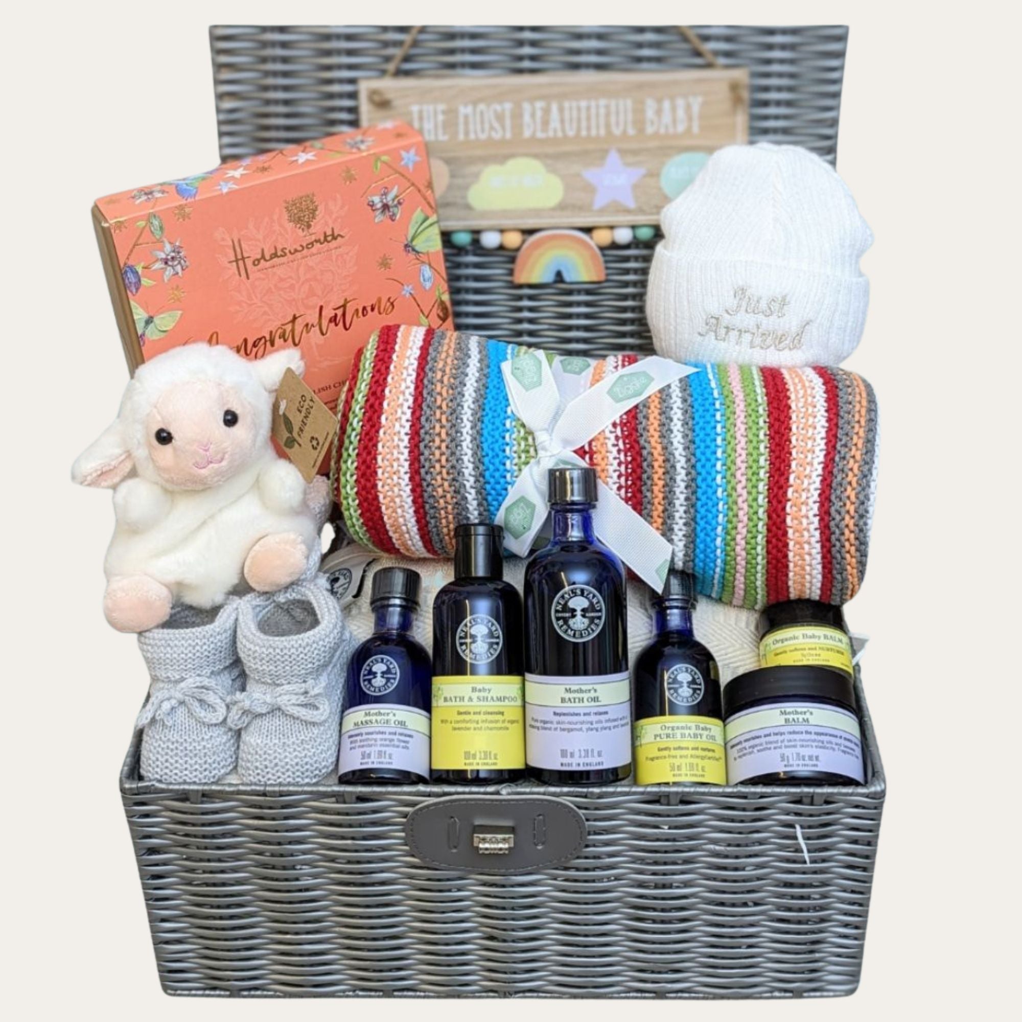 new baby gift basket with neals yard remedies, lamb soft toy, chocolates and baby blanket. bumbles and boo.