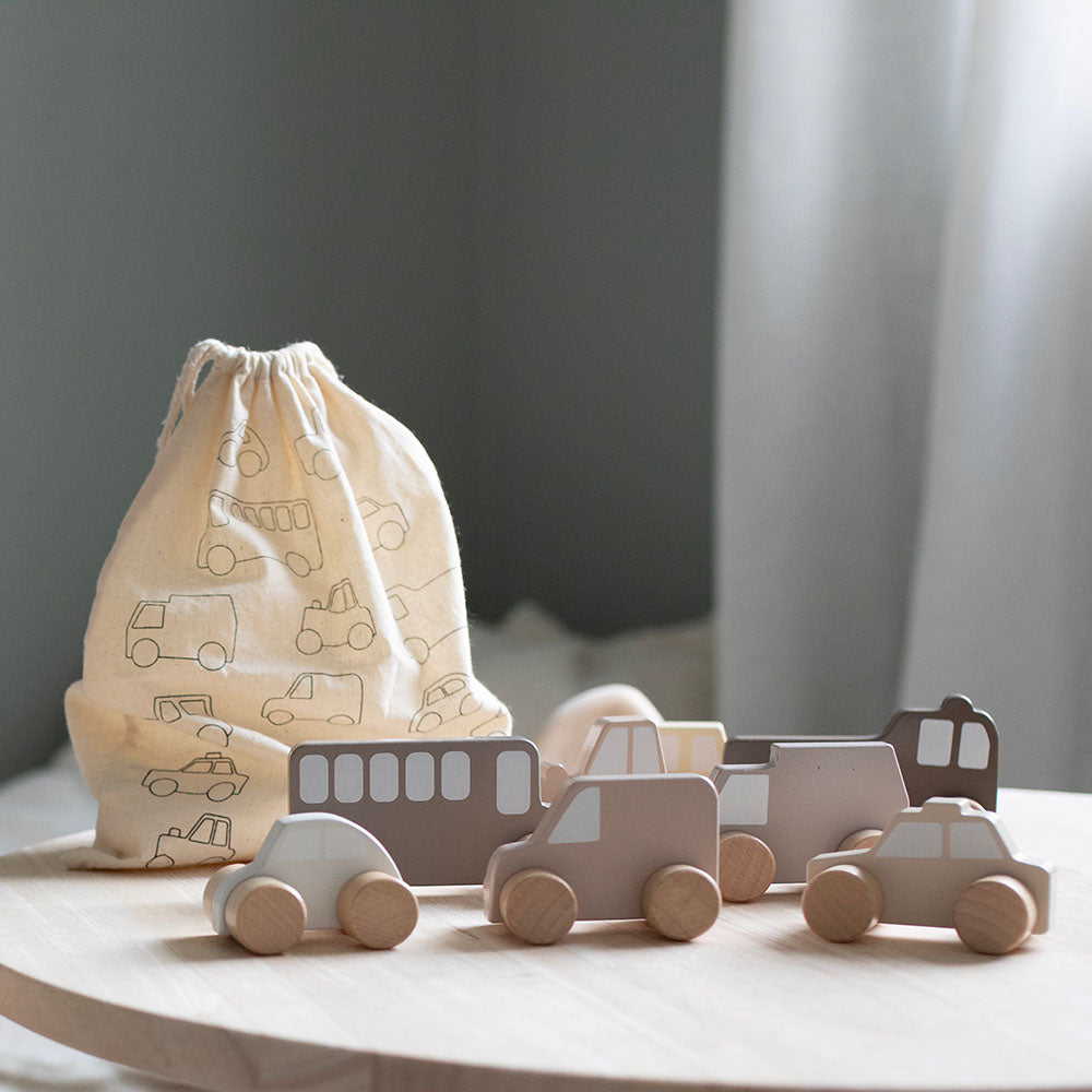 My First Cars Natural - Wooden vehicles set with non-marking wheels and fabric bag for toddlers