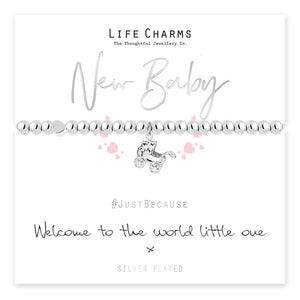 silver plated bracelet to celebrate a new baby with the wording' welcome to the world little one'