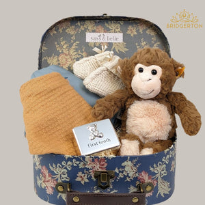 new baby gift hamper bridgerton theme with monkey, silver first tooth trinket box and bandana bibs.