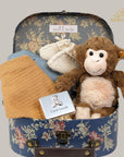 new baby gift hamper bridgerton theme with monkey, silver first tooth trinket box and bandana bibs.