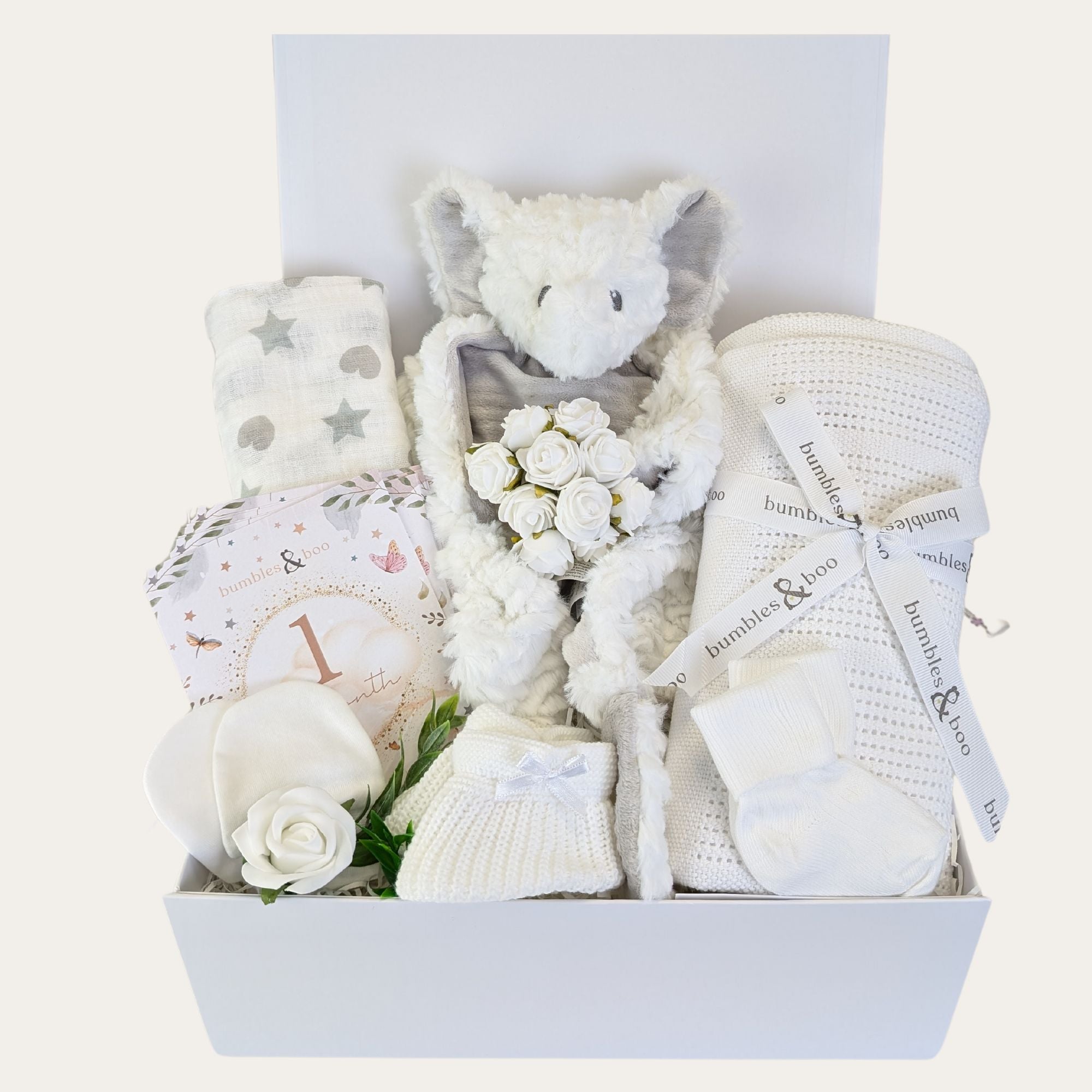 new baby gifts box with elephant comforter, white cellular baby blanket, muslin, milestone cards, mittens, socks and booties.