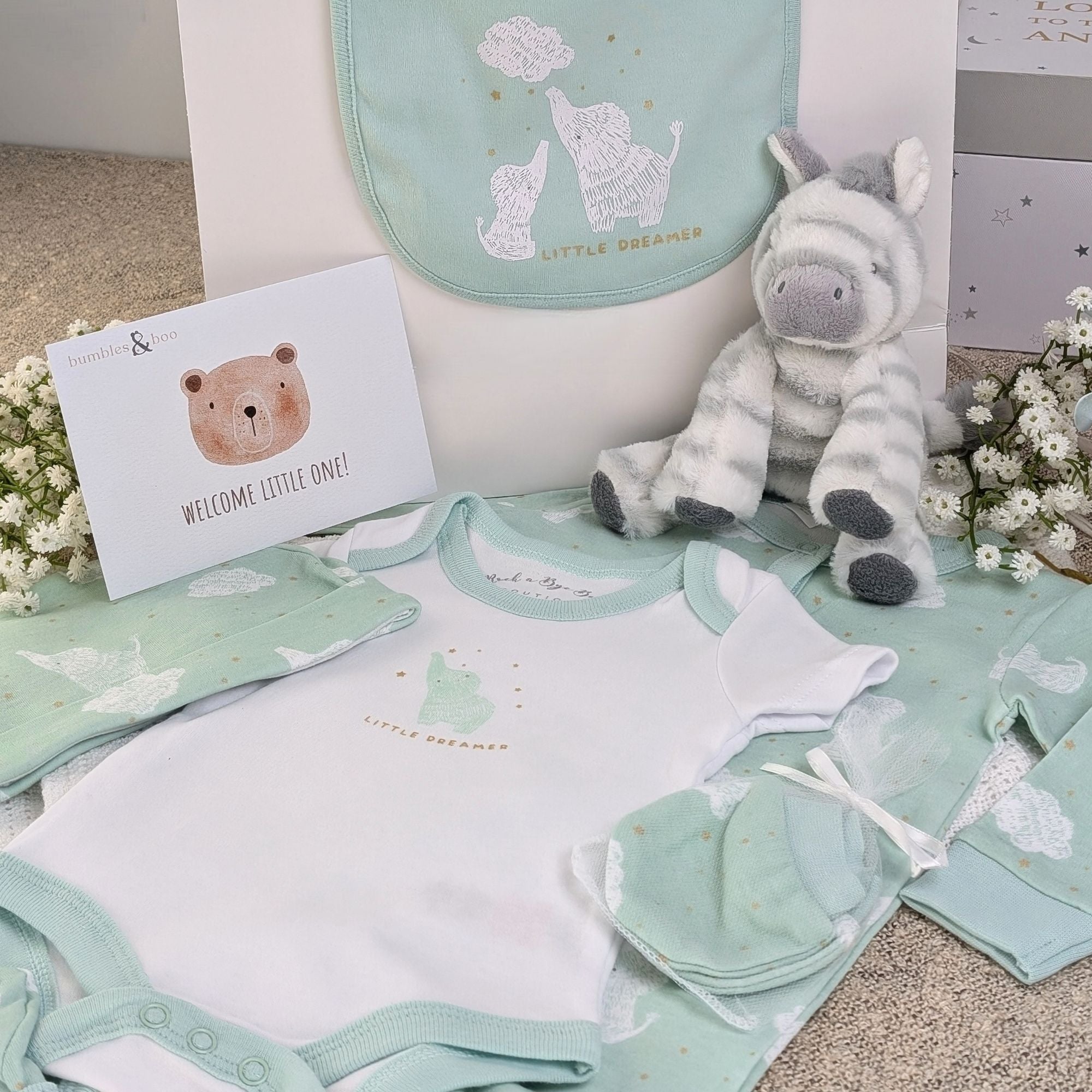 new baby gifts hamper with elephant clothing set, zebra soft toy and beautiful presentation.