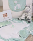 new baby gifts hamper with elephant clothing set, zebra soft toy and beautiful presentation.