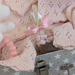 new baby gifts hamper with pink bunny comforter and knit clothing set