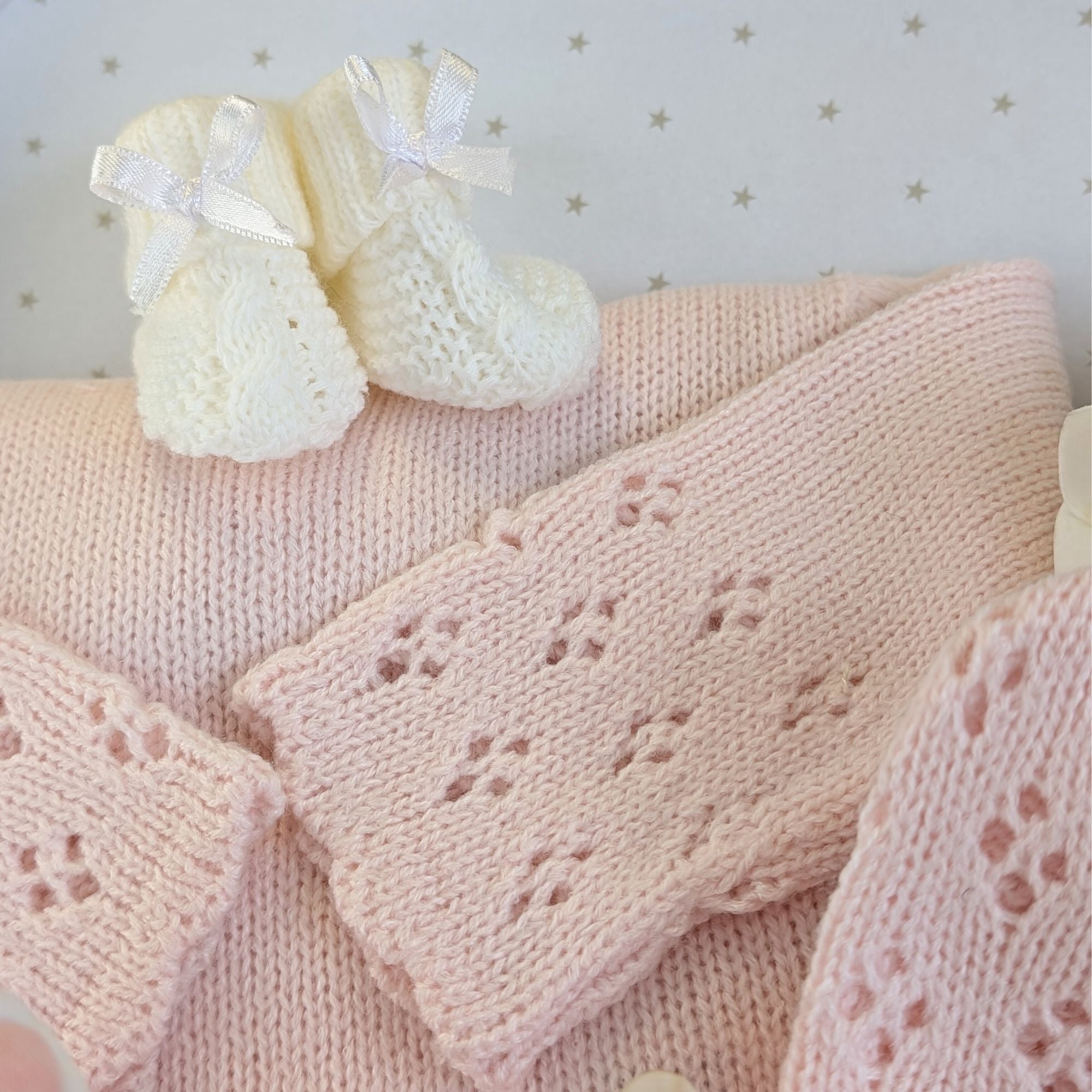 new baby gifts hamper with pink bunny comforter and knit clothing set