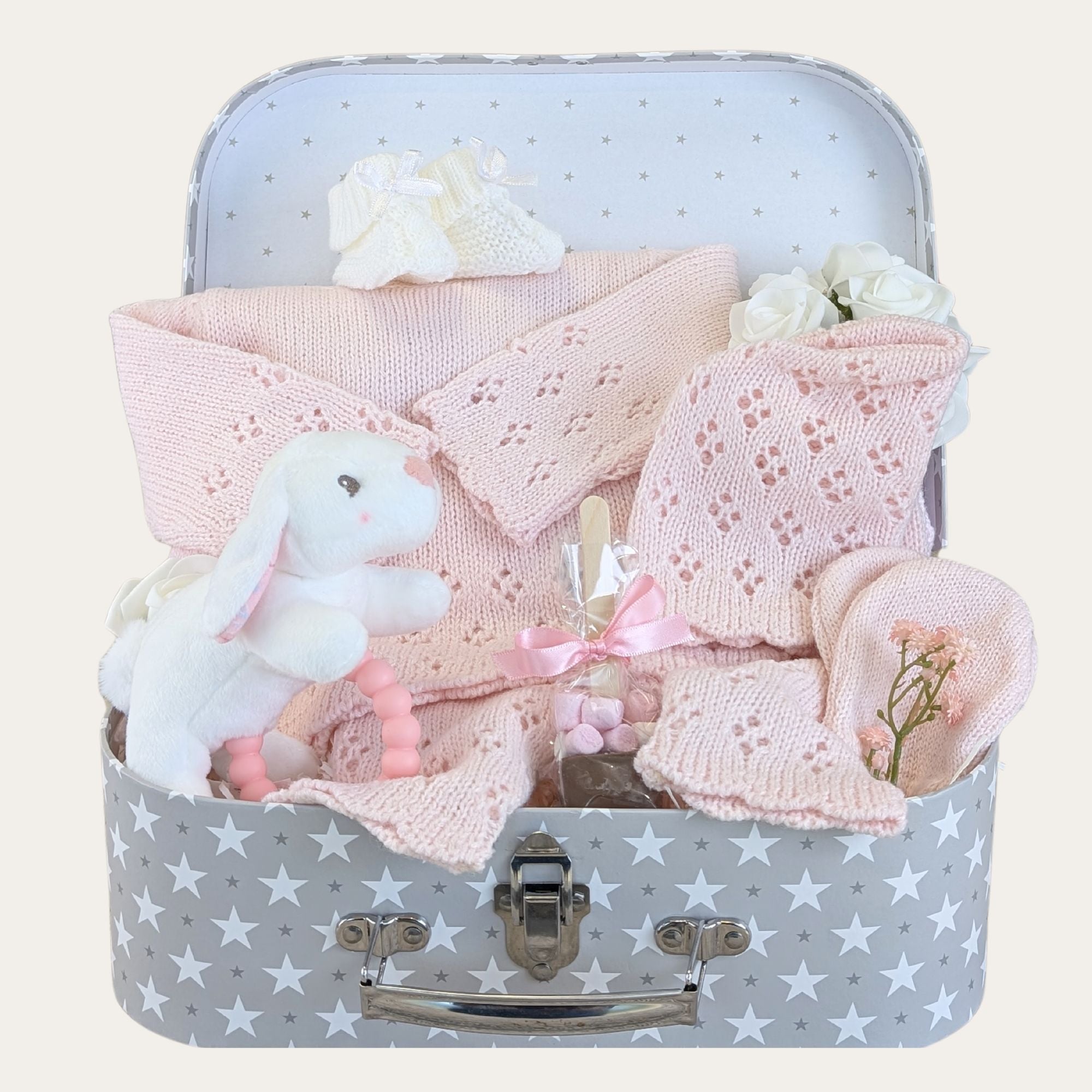 new baby girl gifts hamper with pink bunny comforter and knit clothing set