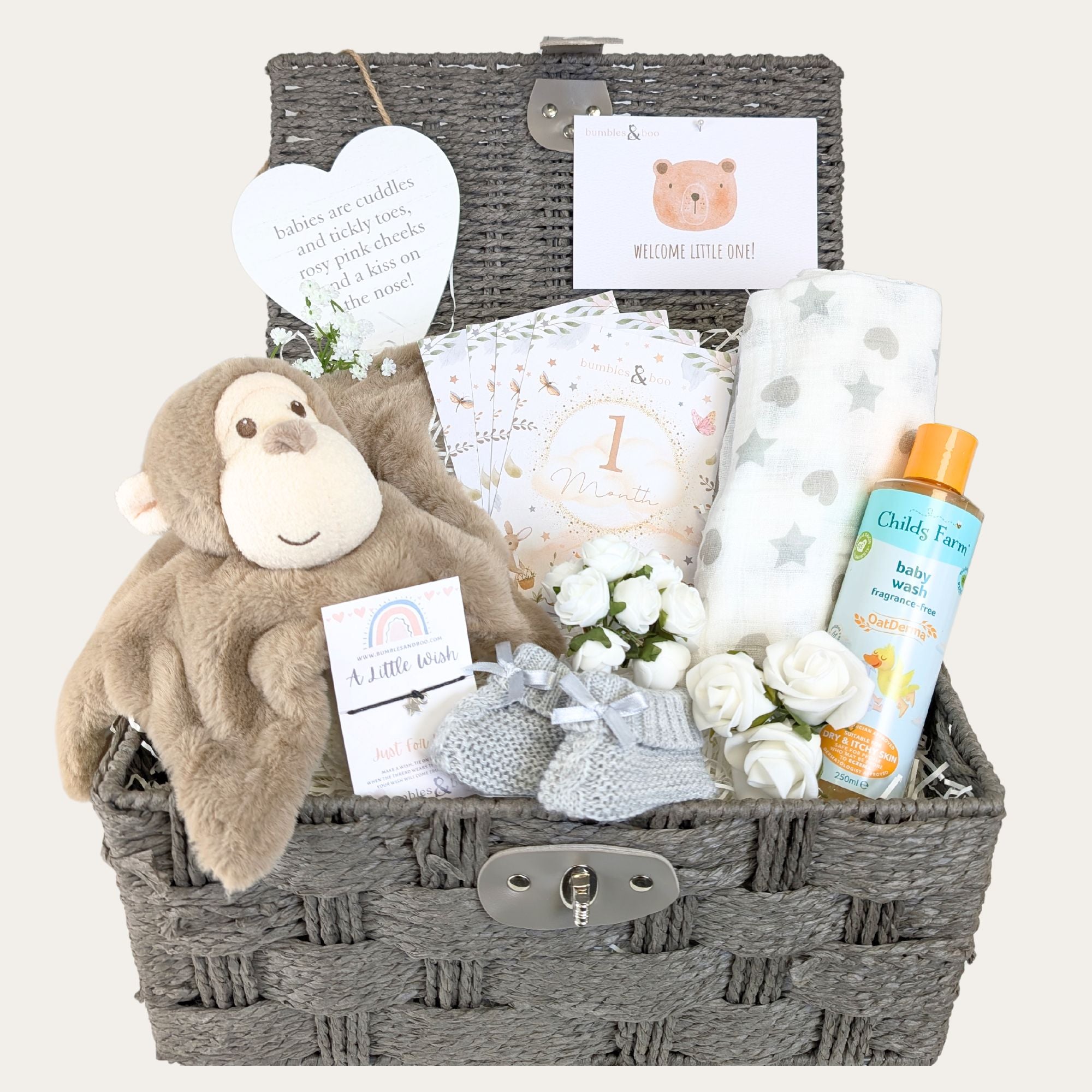 baby gifts basket with monkey comforter, baby booties, organic baby wash, cotton muslin cloth, milestone cards and keepsake plaque bumbles and boo