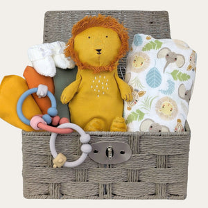 Baby gifts in a hamper basket with lion soft toy and teething rings.