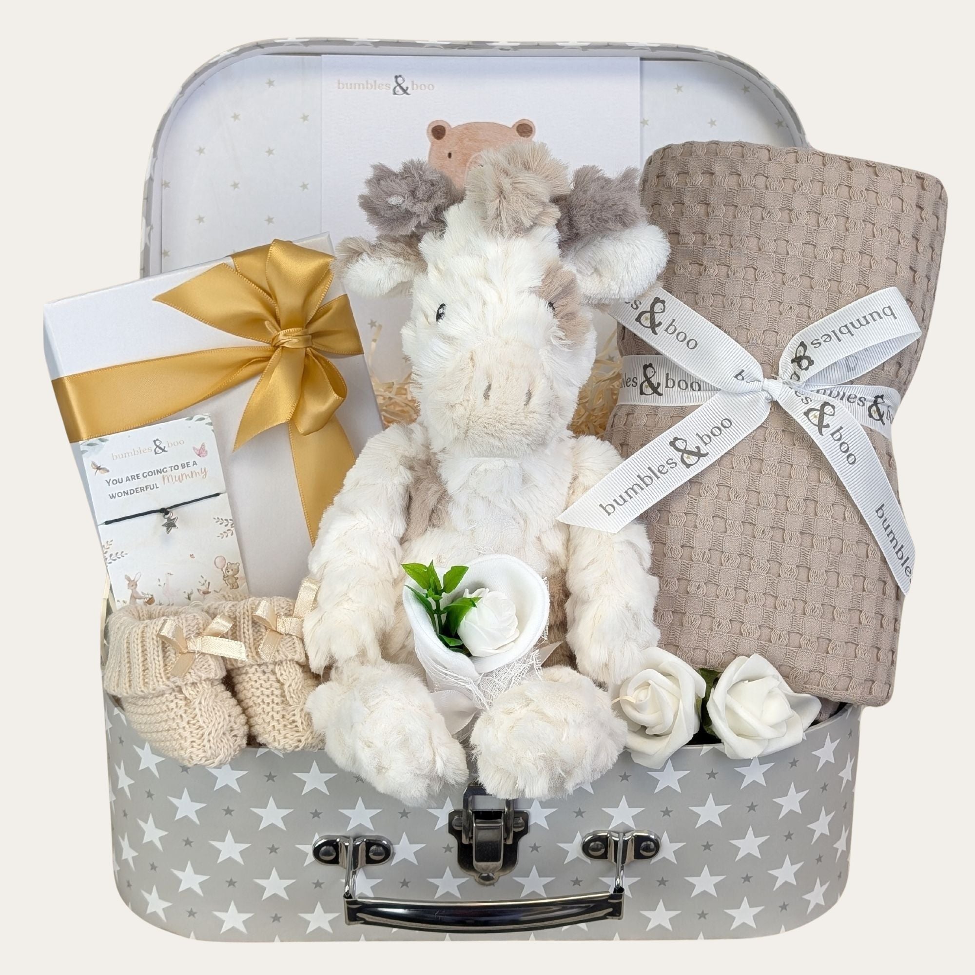 new baby gifts trunk with giraffe soft toy, blanket, chocolates and baby knit booties