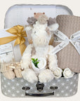 new baby gifts trunk with giraffe soft toy, blanket, chocolates and baby knit booties