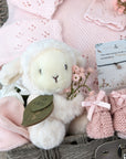 new baby girl gifts basket with pink knit clothing, lamb soft toy, baby booties and a bracelet for mum.