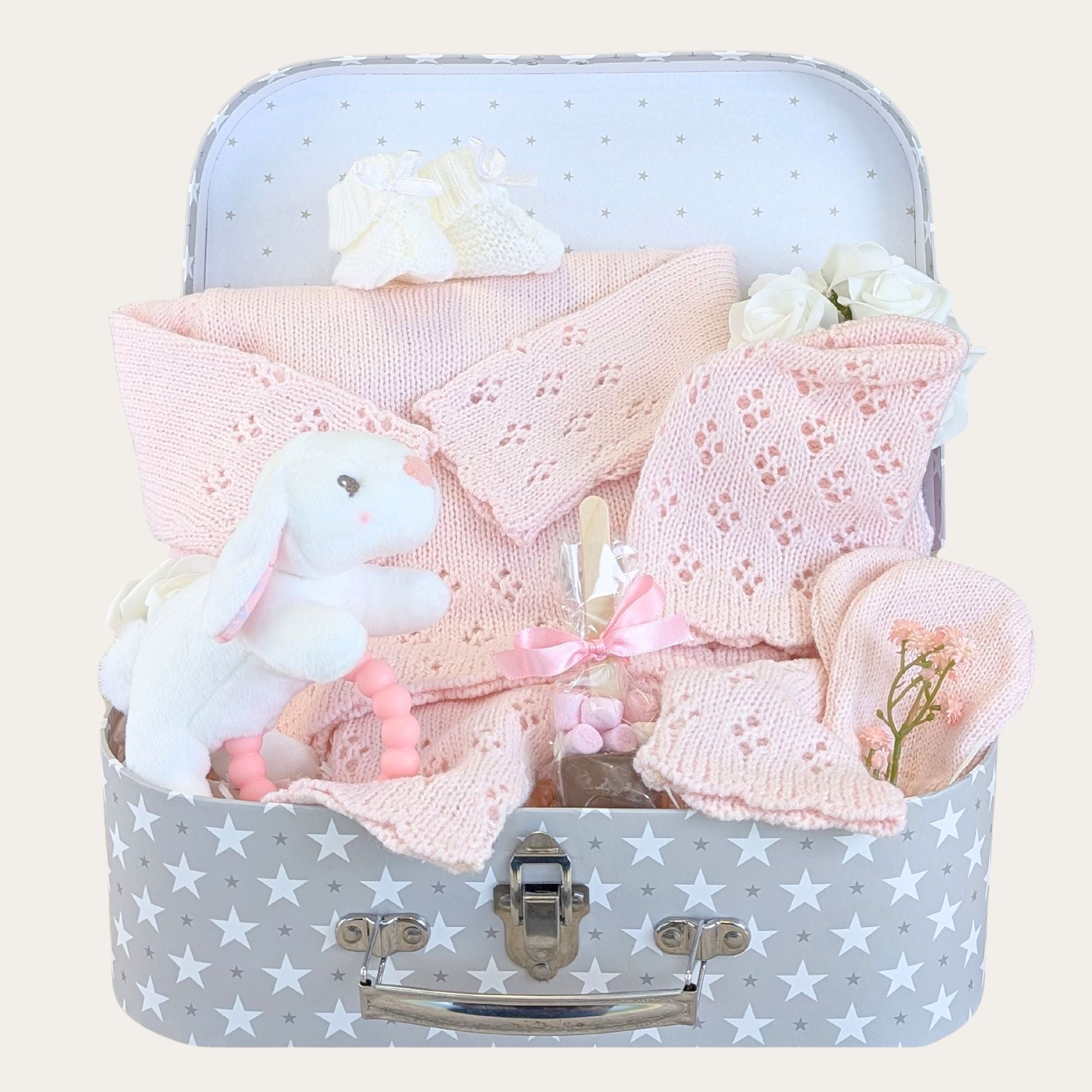 new baby girl gifts hamper with pink bunny comforter and knit clothing set