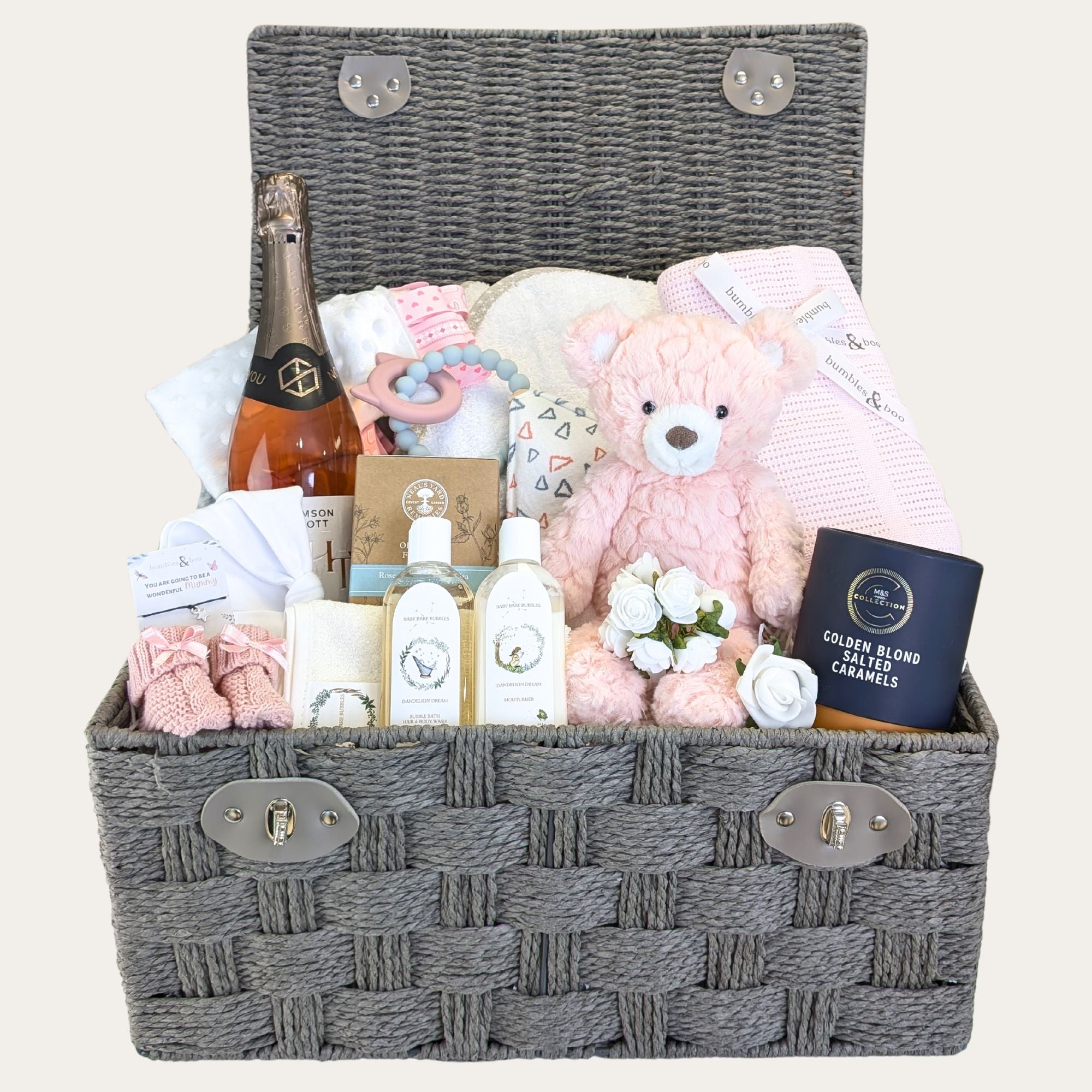 new mum and baby gifts basket with teddy, cellular blanket, hooded towel, baby booties, hat and gifts for mum.