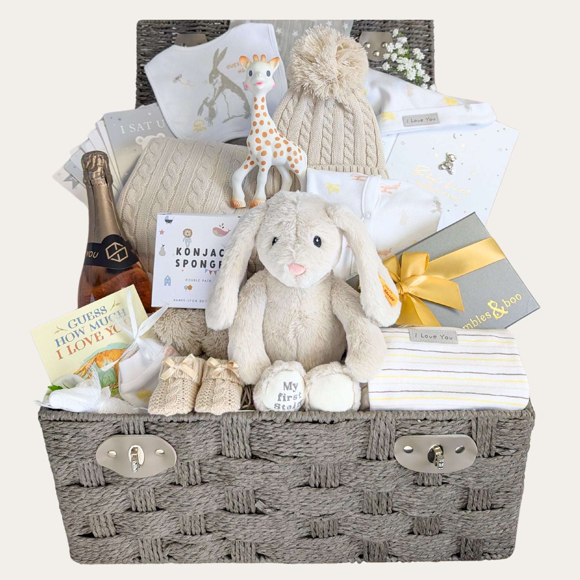 Large new mum hamper basket with gifts for both baby and a new mum.