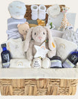 Large new mum hamper basket with gifts for both baby and a new mum.