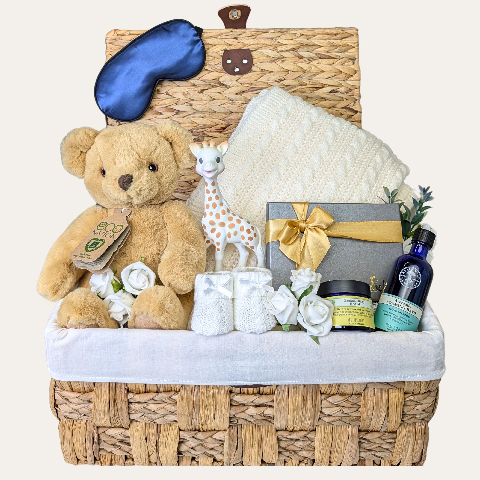 new mum gift basket with teddy, sophie giraffe, blanket, chocolates and skincare