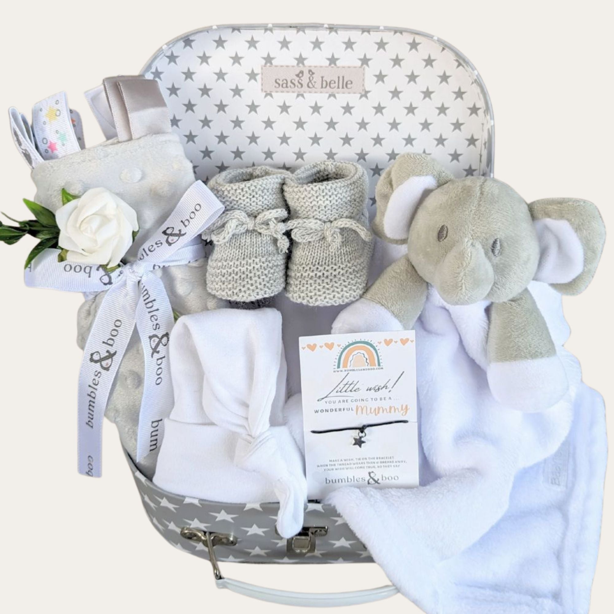 new mum hamper gifts with elephant comforter, baby booties, baby blanket and baby hat.