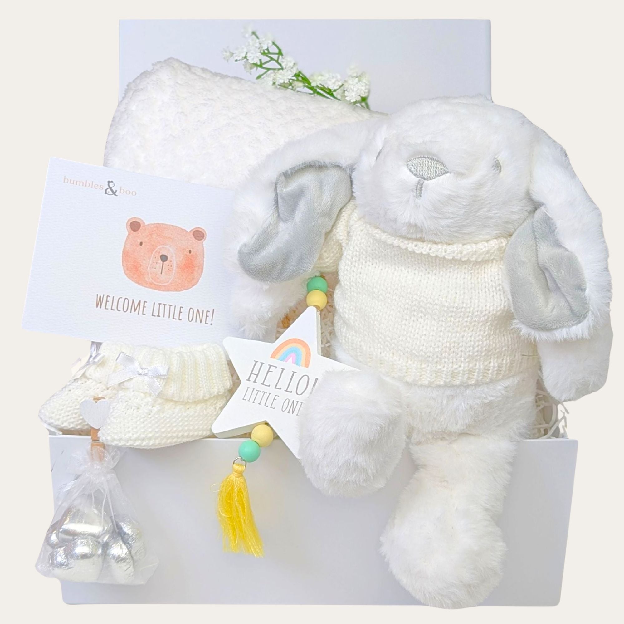 new mum and baby gift box with bunny, blanket, baby booties, chocolates and plaque. bumbles and boo.