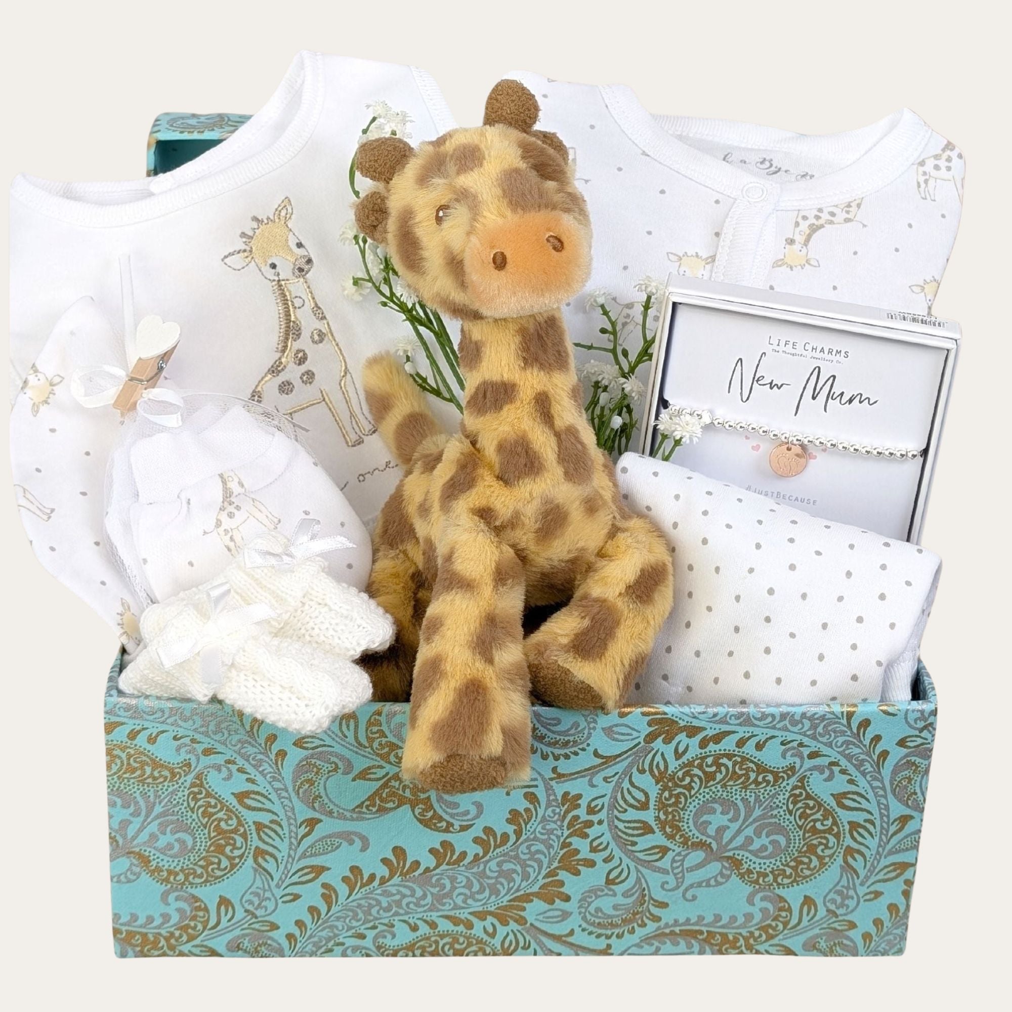 new mum gifts box hamper with giraffe soft toy, baby clothing set, baby booties and new mum silver bracelet