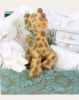 new mum gifts box hamper with giraffe soft toy, baby clothing set, baby booties and new mum silver bracelet