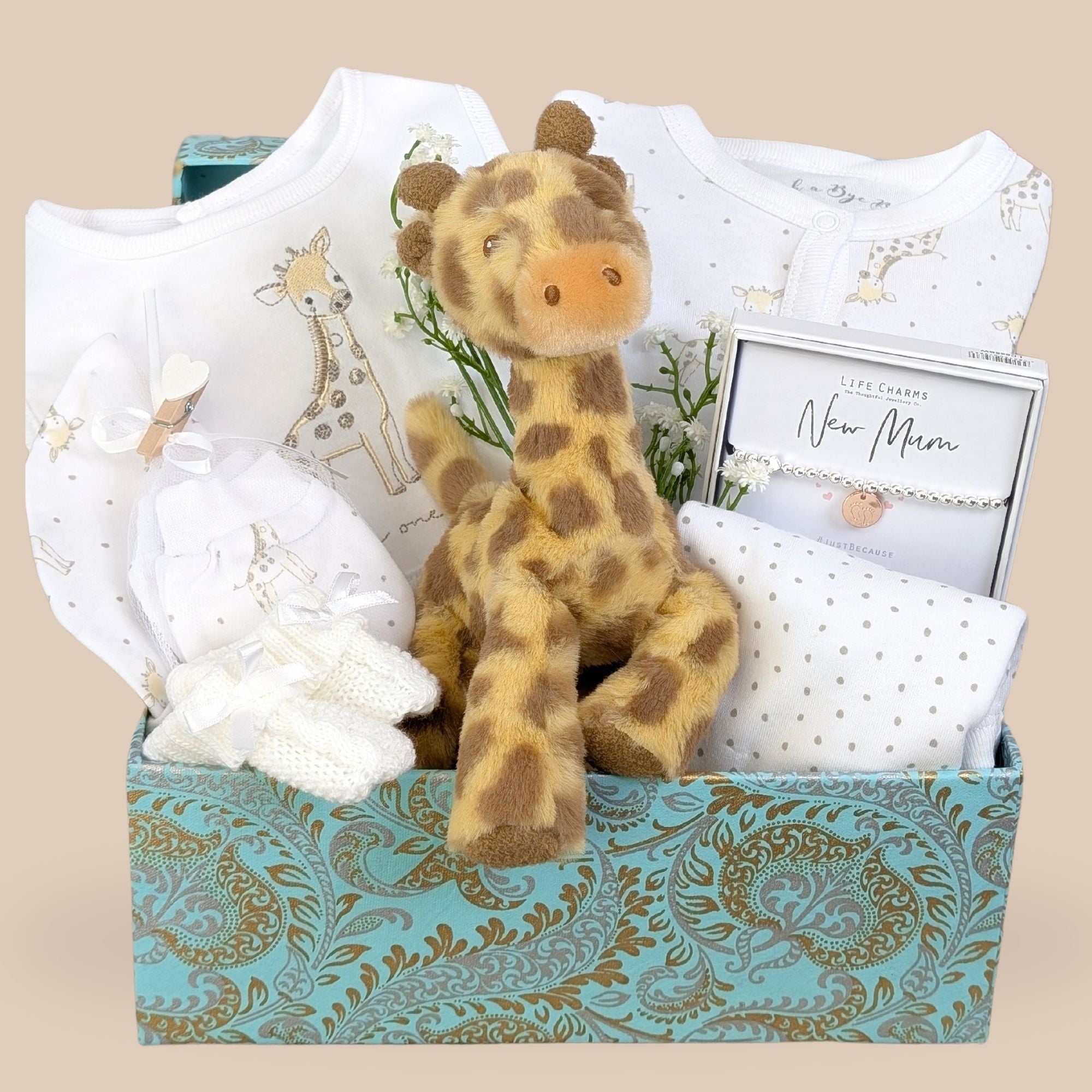new mum gifts box with giraffe clothing set for a new baby, soft toy giraffe, bracelet for mum and baby booties.